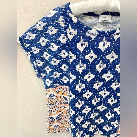 ZARA | Mixed Print Boho Top Blue White Mandala Pattern Short Sleeve | Small - Picture 3 of 6
